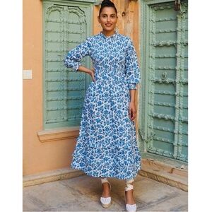 PINK CITY PRINTS Tuckernuck Isabel High Neck Smock Midi Dress Riviera Blue